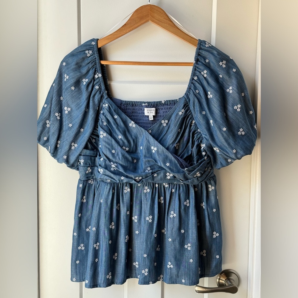 Crown & Ivy Denim with White Flowers Ruffle Top